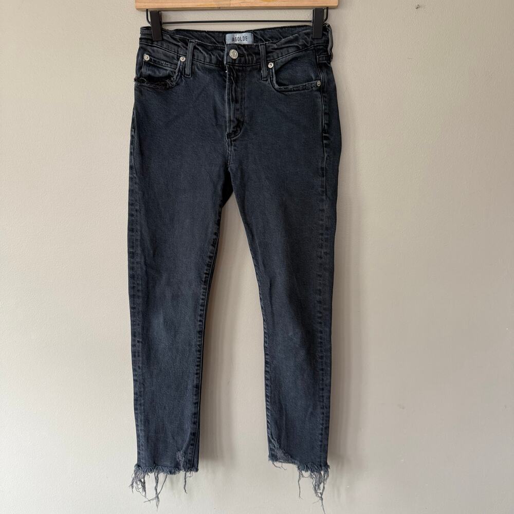 Agolde Toni Mid Rise Straight Leg Distressed Jeans Black Denim Sz 26 Revolve‎